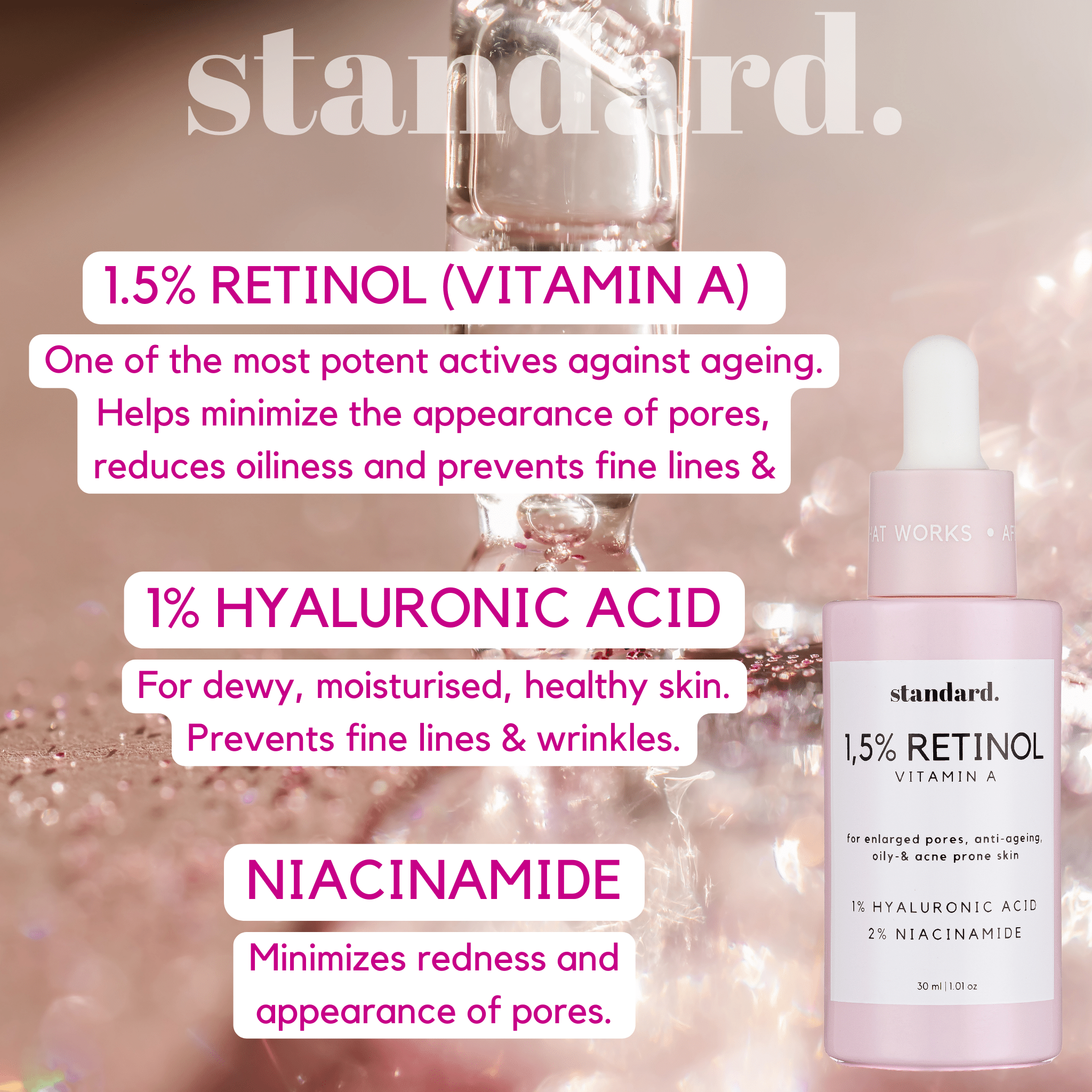Retinol 1,5% (Vitamin A) Serum with Niacinamide & Hyaluronic Acid - 30ml